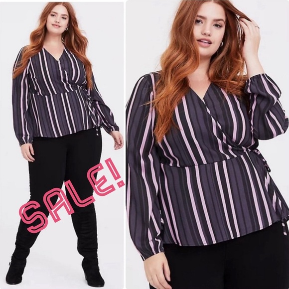 Torrid Purple Stripe Crepe Wrap Crop Blouse Top Long Sleeve Plus Size 2 2X - Picture 1 of 14